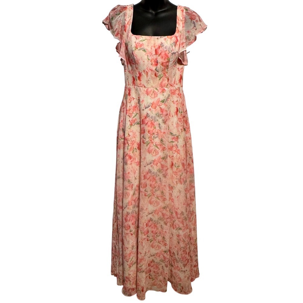 Azazie Floral Maxi Dress Flutter Sleeve Open Back Wedding Guest Chiffon